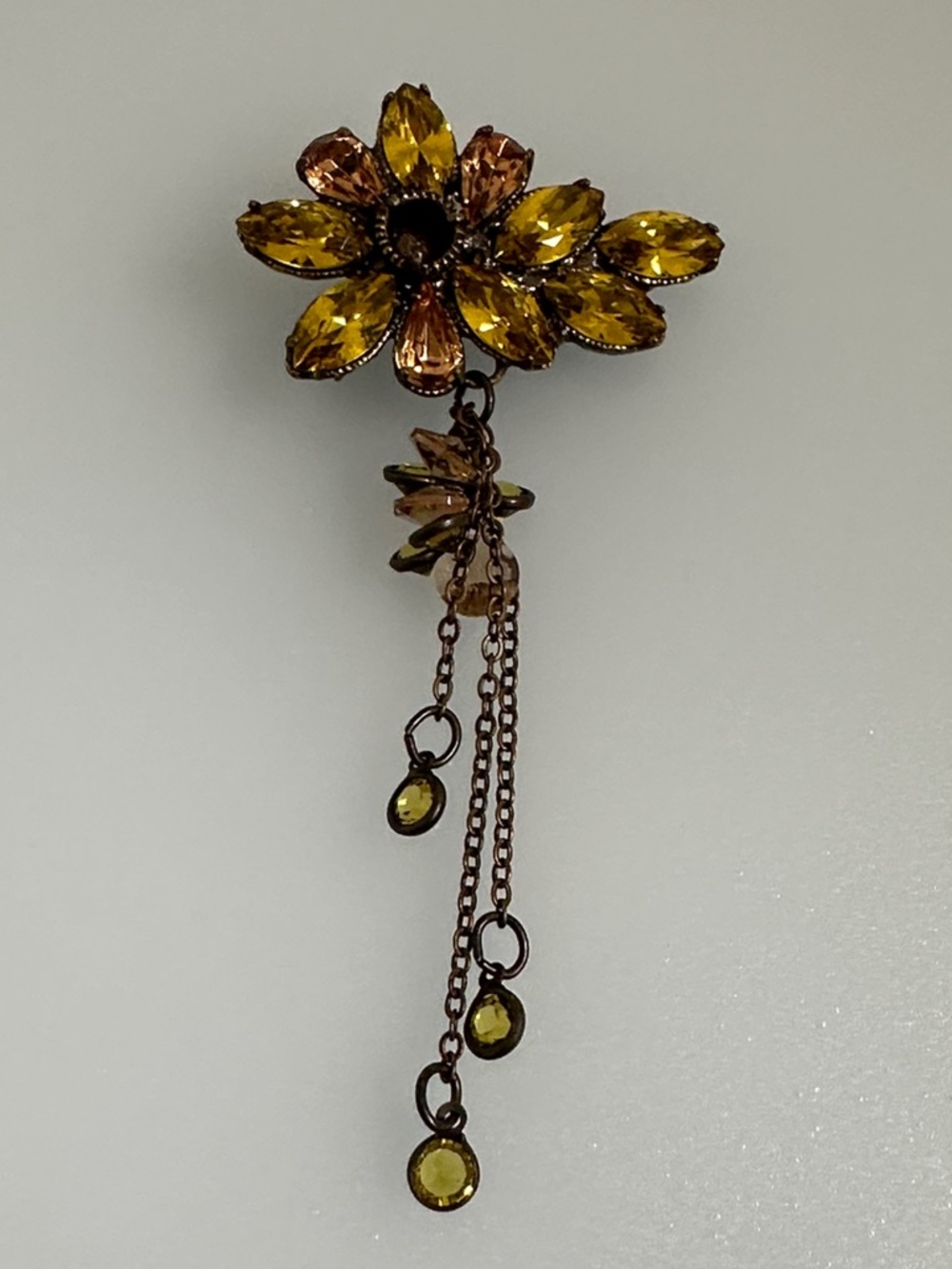 KENNYMA Vintage Amber Crystal Floral Drop Brooch with Dangle Chain